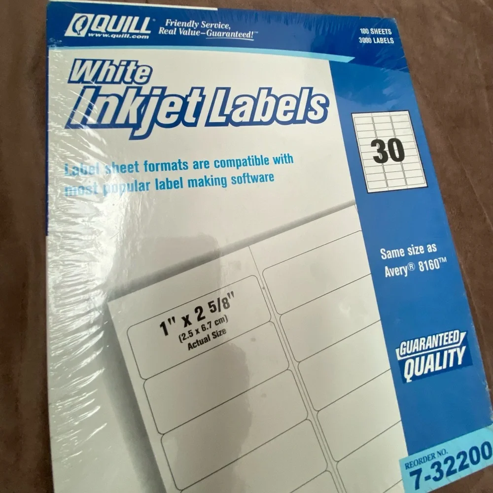 Quill White InkJet Labels. 3000 labels, 100 sheets. 30 per page. Sealed, NIB